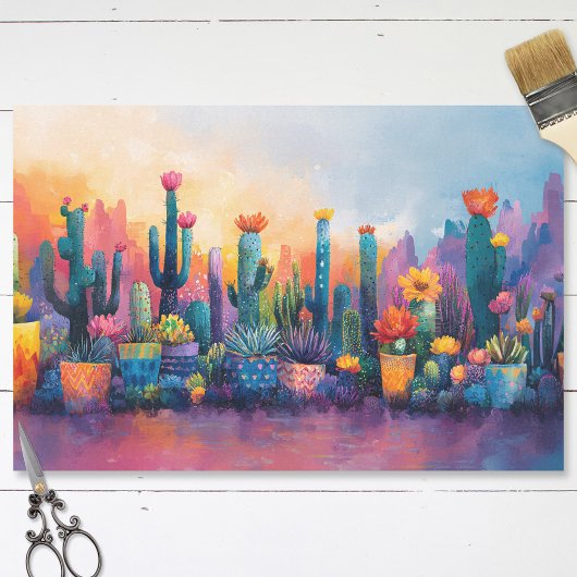 Papier Mousseline Découpage de cactus et de fleurs en aquarelle