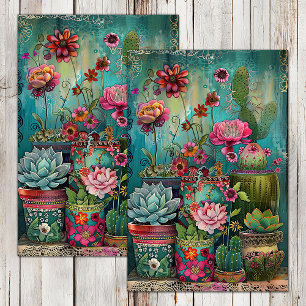 PAPIER MOUSSELINE DECOUPAGE DE CACTUS ET PLANTES SUCCULENTES COLORÉS