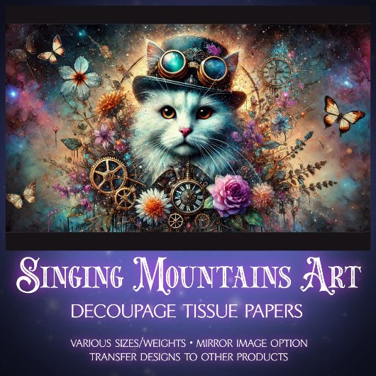 Papier Mousseline Decoupage de chat Steampunk floral Galaxy céleste