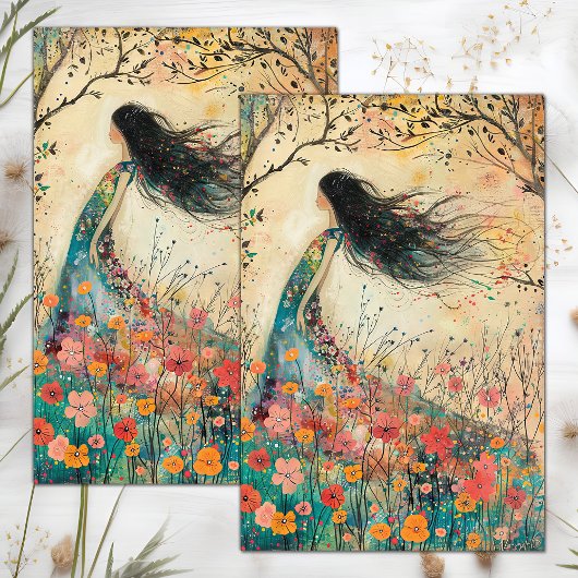 PAPIER MOUSSELINE DÉCOUPAGE DE FILLE FLEURIE BOHO