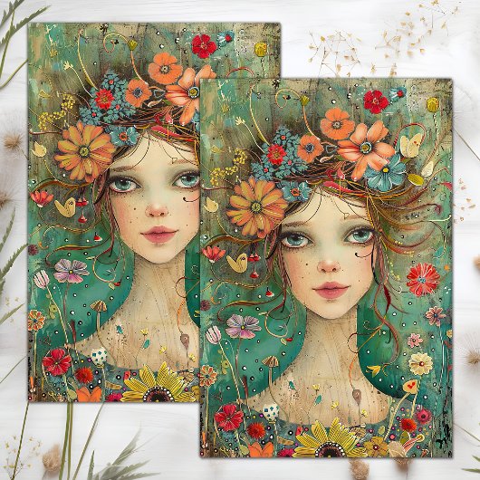 PAPIER MOUSSELINE DÉCOUPAGE DE FILLE FLEURIE BOHO