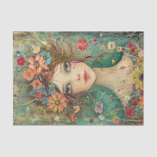 PAPIER MOUSSELINE DÉCOUPAGE DE FILLE FLEURIE BOHO (Recto)