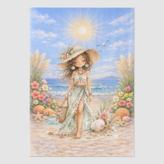Papier Mousseline Découpage de scène de plage girly style boho migno (Recto)