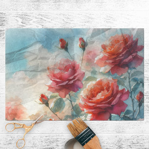 Papier Mousseline Découpage des Roses vintage Red Watercolor