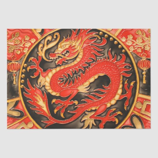 Papier Mousseline Découpage en or rouge dragon chinois traditionnel (Recto)