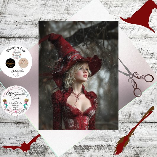 Papier Mousseline Decoupage Fantasy Witch Dressed in Red Winter 