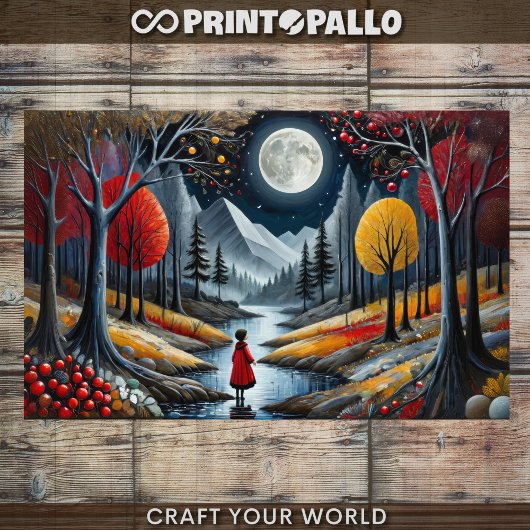 Papier Mousseline Découpage - Fille en rouge et paysage lune d'autom