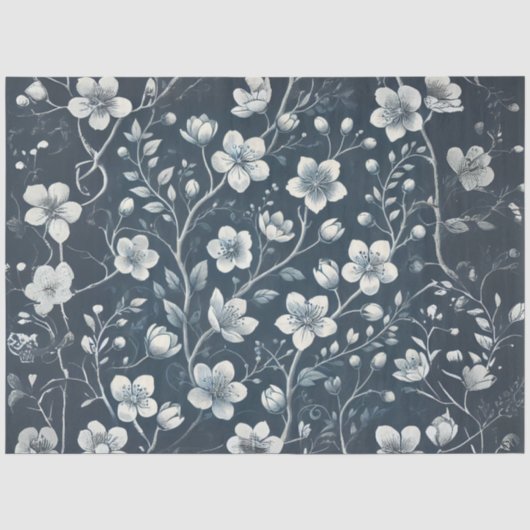 Papier Mousseline Découpage Fleurs Blanches sur Denim (Recto)