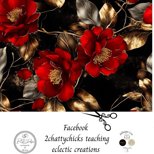Papier Mousseline Découpage Fleurs Rouges Vibrantes Gold Silver Trim