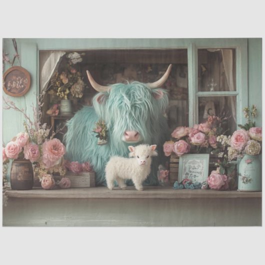 Papier Mousseline Découpage Fleurs Turquoises Whimsical Highland et (Recto)