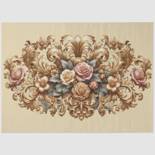 Papier Mousseline Découpage Floral Baroque Or Extra Grande (Recto)