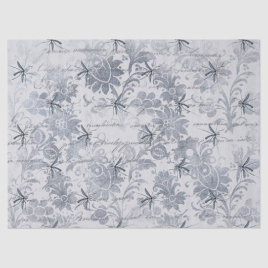 Papier Mousseline Découpage floral gris et bleu (Recto)