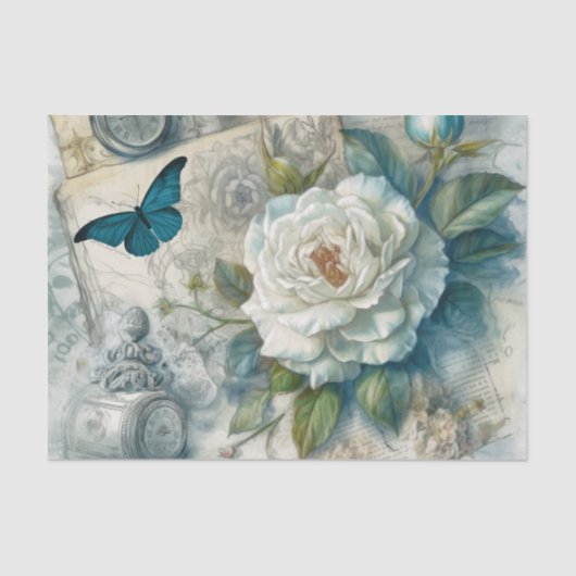 Papier Mousseline Découpage florale d'inspiration Vintage Bleue (Recto)