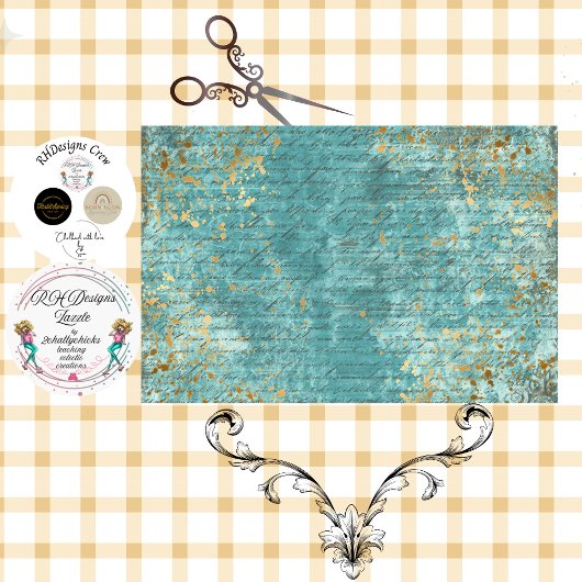 Papier Mousseline Découpage Fond Faux Texturé Sarcelle Or