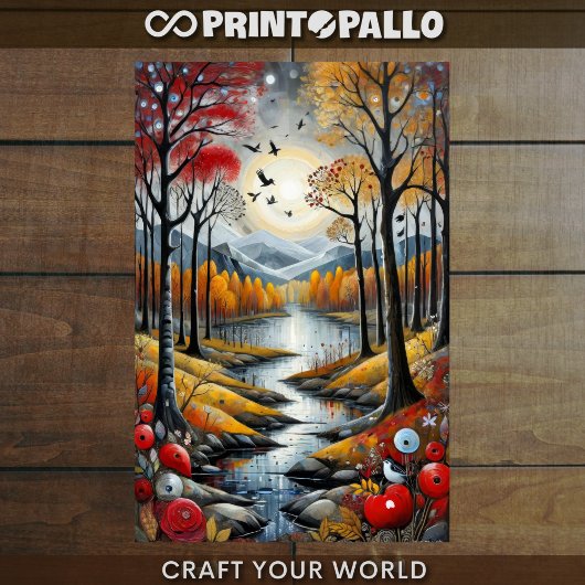 Papier Mousseline Découpage - Forêt d'automne, rivière et lune -