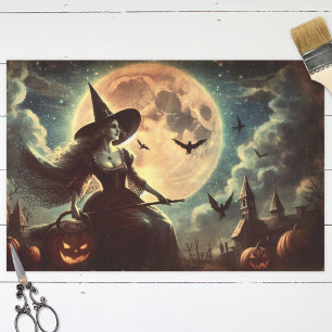 Papier Mousseline Découpage Halloween sorcière vintage et lune