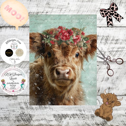 Papier Mousseline Decoupage Highland Calf Christmas Scene Snowing 