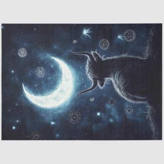 Papier Mousseline Découpage Highland Calf Sitting Hill Starring Moon (Recto)