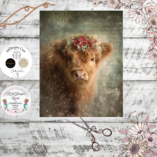 Papier Mousseline Decoupage Highland Calf Winter Floral Art