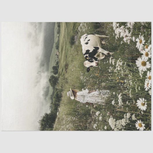 Papier Mousseline Découpage Holstein Vache et fille en Fleur sauvage (Recto)