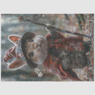 Papier Mousseline Découpage lapin lunaire portant horloge en hiver