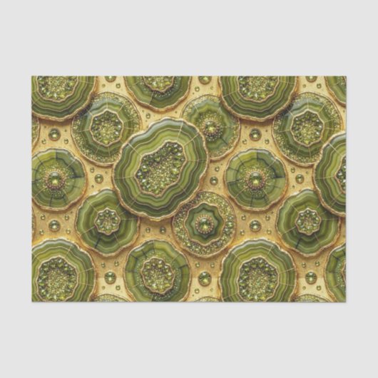 Papier Mousseline Découpage Luxueux | Géode d'agate vert olive + or (Recto)