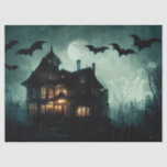 Papier Mousseline Découpage Maison hantée et chauves-souris<br><div class="desc">Vieille maison hantée entourée d'arbres morts,  dans la lueur sinistre de la lune avec des chauves-souris volant au-dessus.</div>
