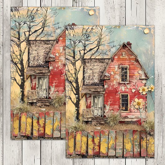 Papier Mousseline DECOUPAGE MIXTE Ferme Rouge en décrépitude