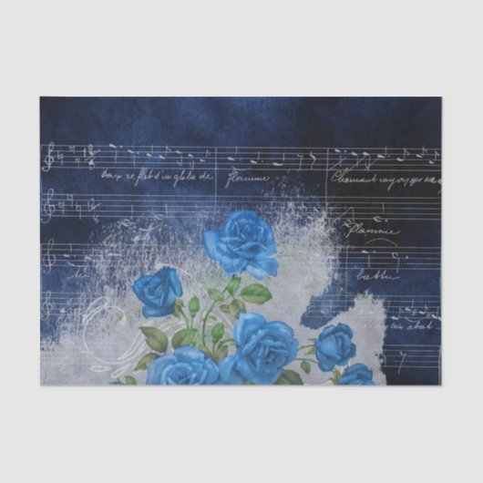 Papier Mousseline Découpage musique feuille Rose Vintage bleu (Recto)