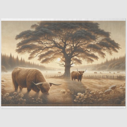 Papier Mousseline Découpage Papier Tissu Highland Cattle Campagne (Recto)