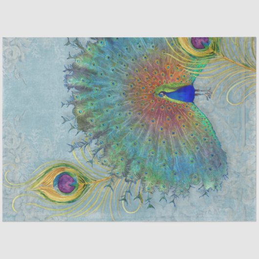 Papier Mousseline Découpage Peacock Dusty Bleu Turquoise Plumes Vint (Recto)