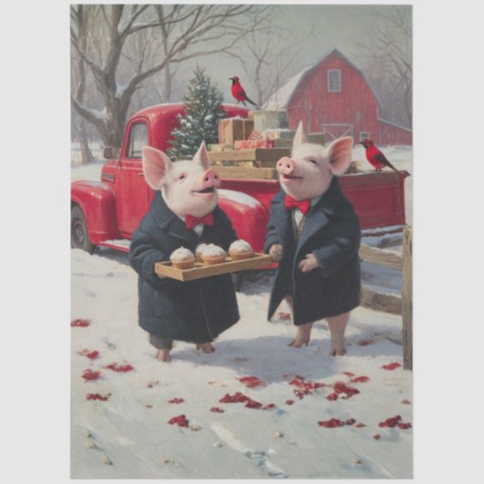 Papier Mousseline Decoupage Piglets Celebrating Christmas on Farm  (Recto)