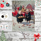 Papier Mousseline Decoupage Piglets Celebrating Christmas on Farm 