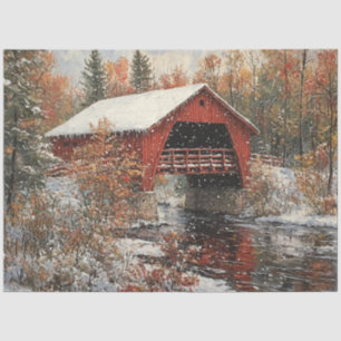 Papier Mousseline Découpage Pont couvert rouge Scène hivernale