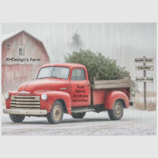 Papier Mousseline Decoupage Red Truck & Barn Farm Winter Scene (Recto)