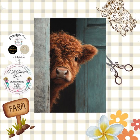 Papier Mousseline Decoupage Rustic Highland Calf Peek a Boo Art