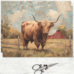 Papier Mousseline Découpage rustique de la vache et de la grange des<br><div class="desc">Ce papier tissu rustique de la vache des Highlands et de la grange découpage présente une scène vintage pittoresque. Une vache shaggy Highland trône fièrement devant une grange patinée, dégageant un charme rustique et intemporel. Le design saisit la beauté sereine de la vie pastorale, ce qui en fait l'endroit idéal...</div>