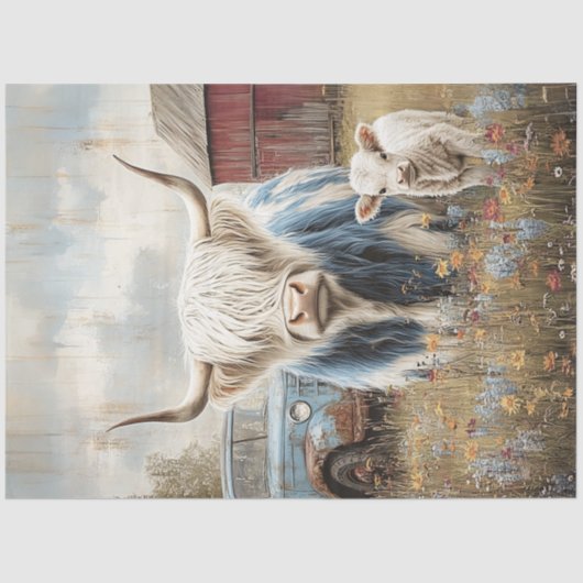 Papier Mousseline Découpage Rustique Highland Cow Field Red Barne (Recto)