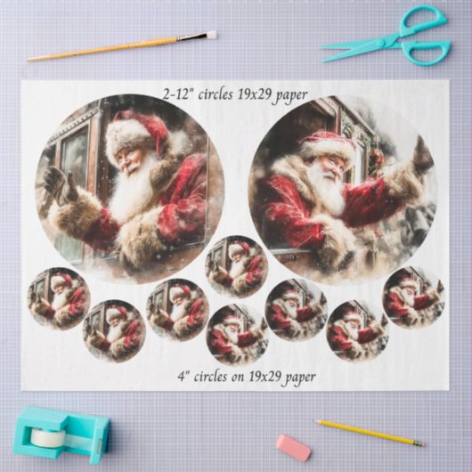 Papier Mousseline Decoupage Santa Waving From Train 12 & 4" Circles (Artisanat)