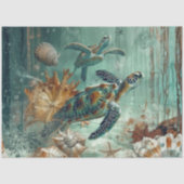 Papier Mousseline Decoupage Sea Turtle Coastal Nature Teals Greens (Recto)