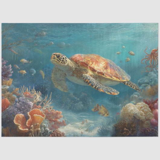 Papier Mousseline Decoupage Sea Turtle Coral Reef Wall Art (Recto)