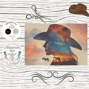 Papier Mousseline Découpage Silhouette de Cowgirl Western Scène Ciel