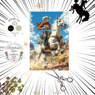 Papier Mousseline Découpage Skeleton Cowboy en cheval dans le désert