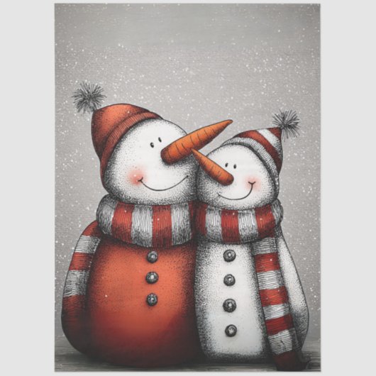 Papier Mousseline Decoupage Snowman Pair Red Hats Scarves (Recto)