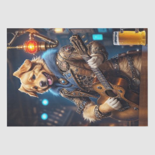 Papier Mousseline Découpage - Steampunk Golden Retriever & guitare - (Recto)