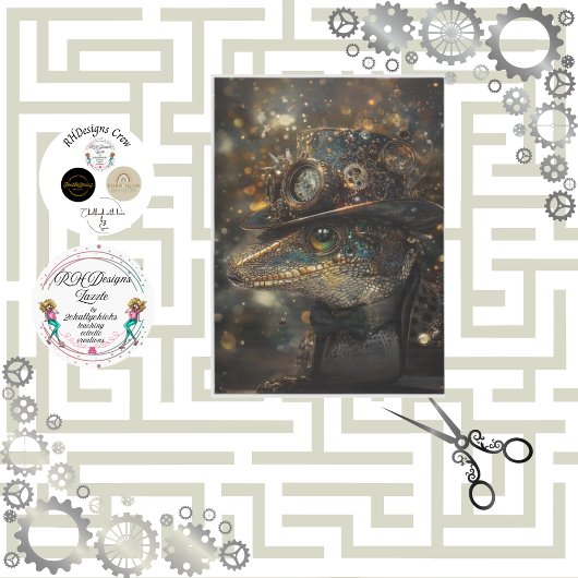 Papier Mousseline Découpage Steampunk Sport Lizard Gold Green