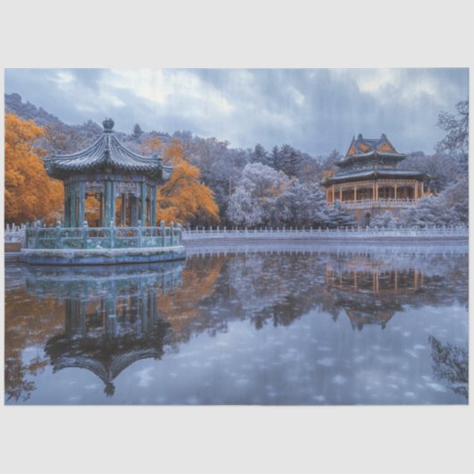 Papier Mousseline Découpage temple du pavillon de jardin chinois Whi (Recto)