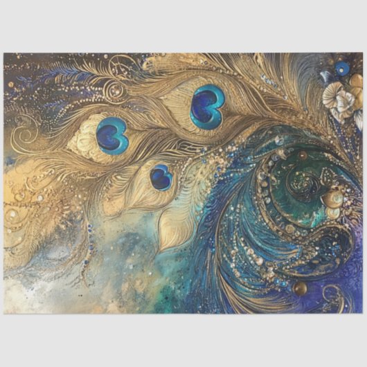 Papier Mousseline Découpage Vibrant Peacock Feather Motif (Recto)