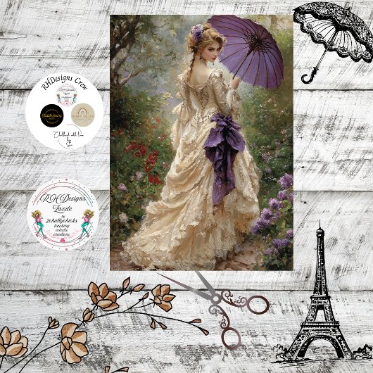 Papier Mousseline Decoupage Victorian Woman Romantic Scene Parasol