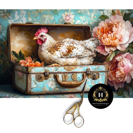 Papier Mousseline Découpage vintage Hen Floral Suitcase